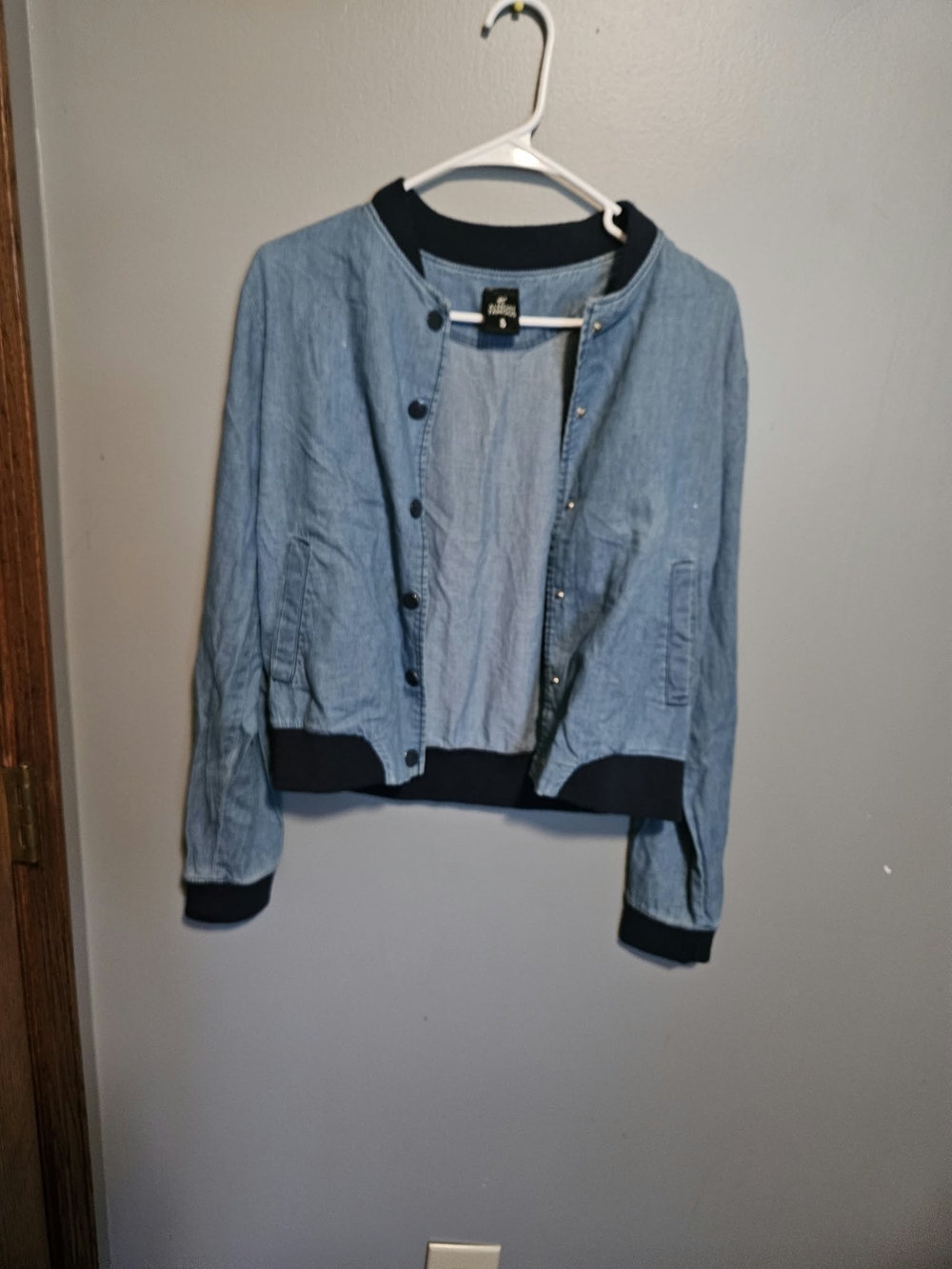 Maison Jules Light Denim Bomber Jacket with Navy Trim